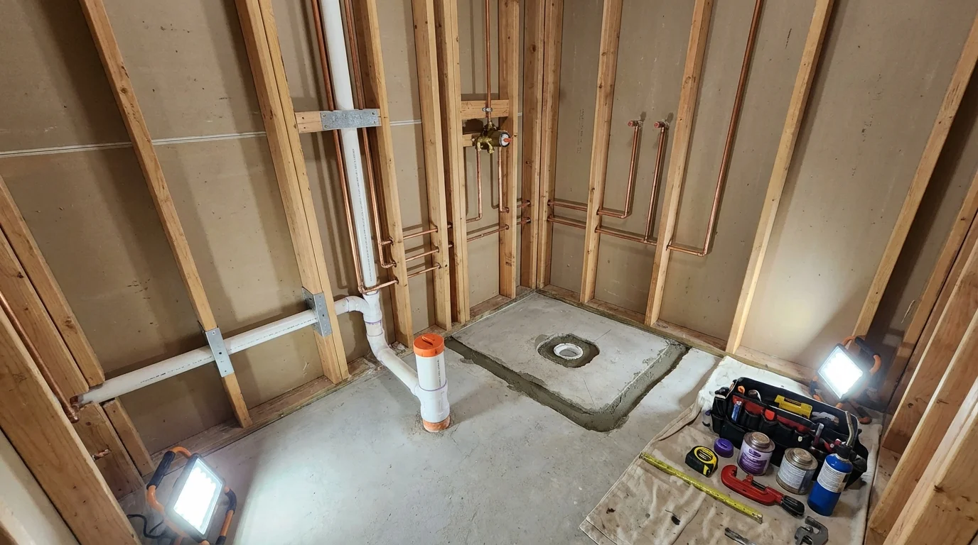 Bathroom rough-in plumbing during remodel by Johns Plumbing LLC in Dennison