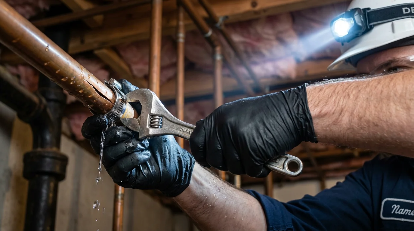 Emergency pipe clamp repair being performed by a Johns Plumbing LLC plumber in Dennison