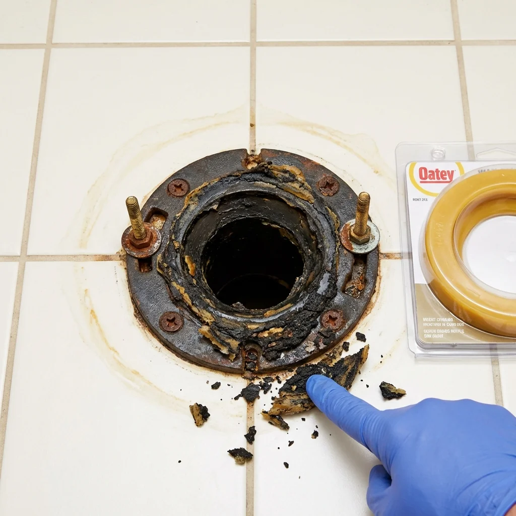 Failed wax ring showing water seepage at the base of a toilet in a Dennison, OH home