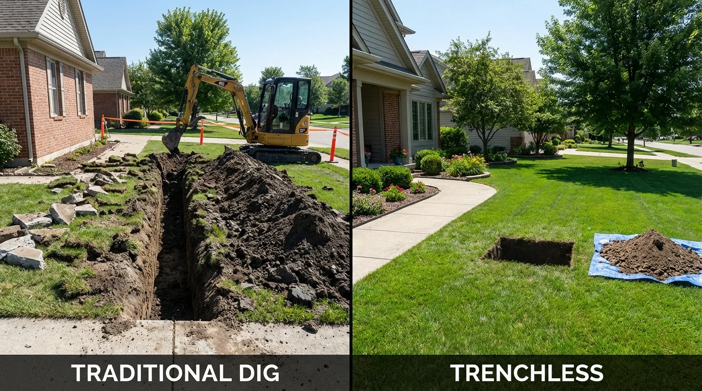 Trenchless sewer repair with minimal yard damage versus traditional excavation in Dennison, OH