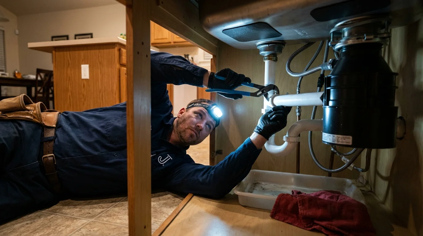 P-trap and supply line connections under a kitchen sink showing a common leak point in Dennison, OH